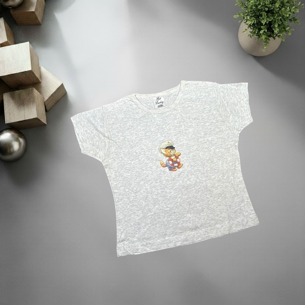 Vintage 90s Get Lucky Sailor Kitten Graphic Baby Tee Heather Grey Large